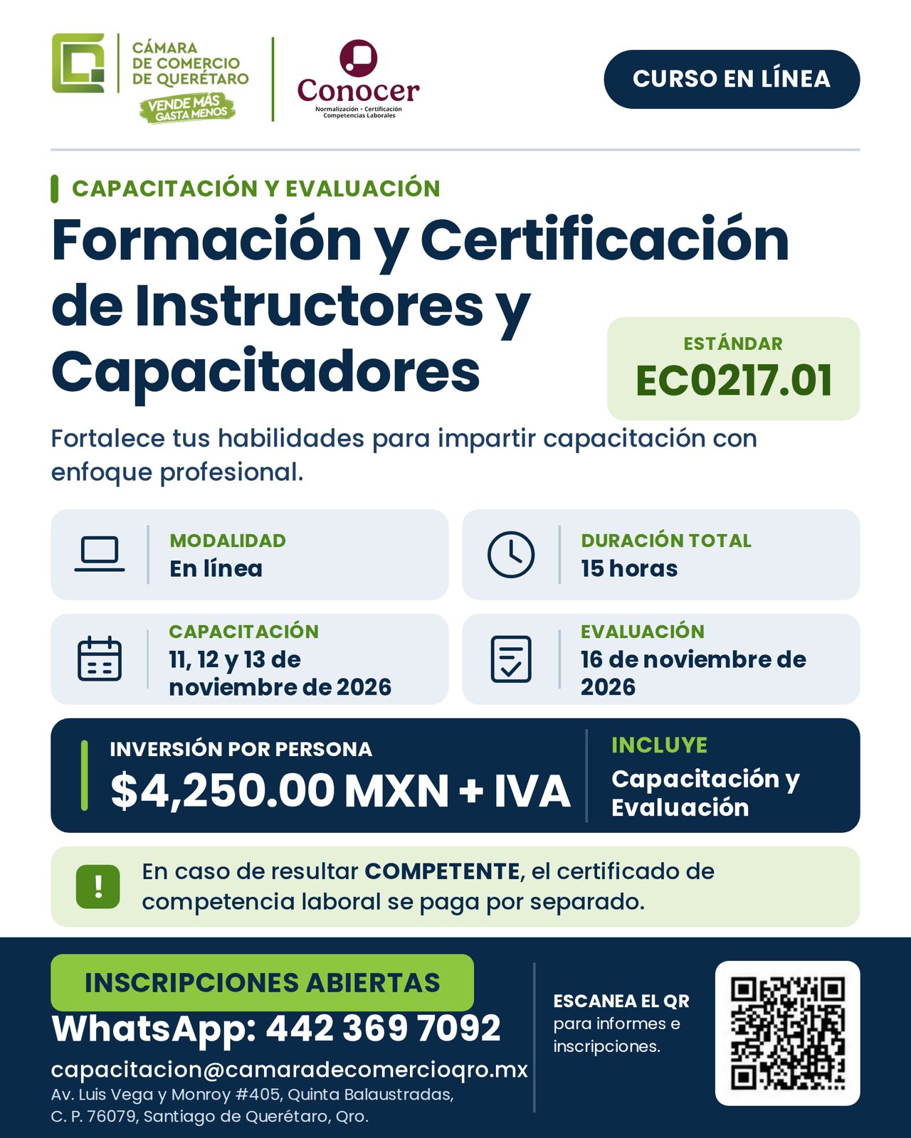 Formación y Certificación de Instructores y Capacitadores, estándar EC0217.01, capacitación del 11 al 13 de noviembre de 2026